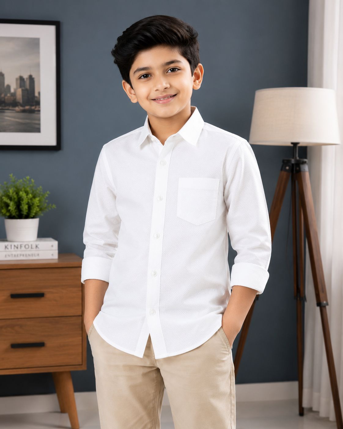 Boys Textured Long Sleeve Button Down Shirt (White)