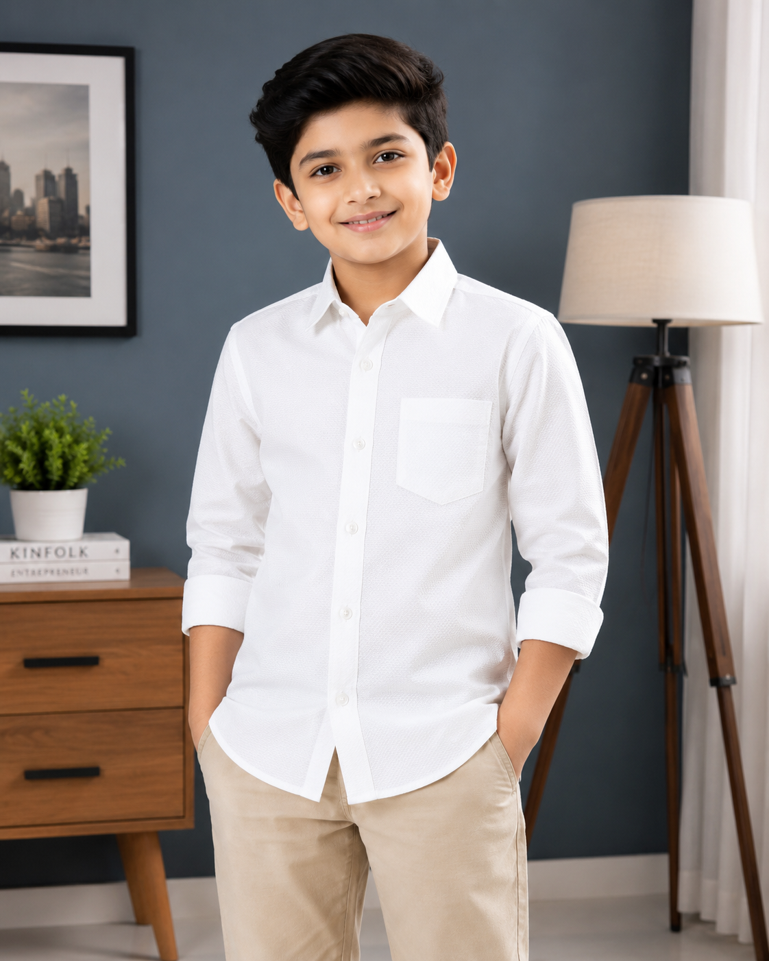 Boys Textured Long Sleeve Button Down Shirt (White)