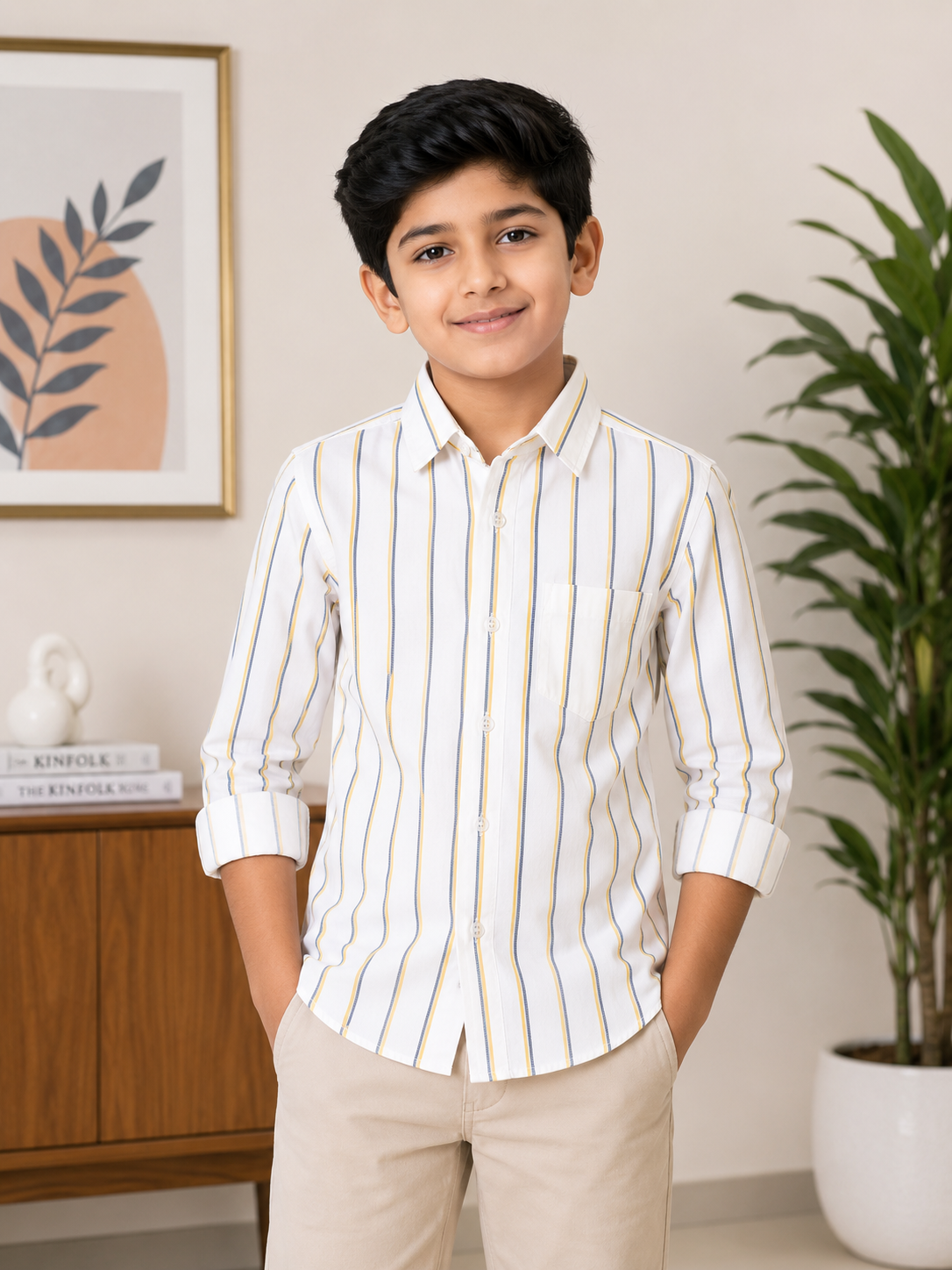 Boys Striped Long Sleeve Button Down Shirt (White, Yellow, and Blue)