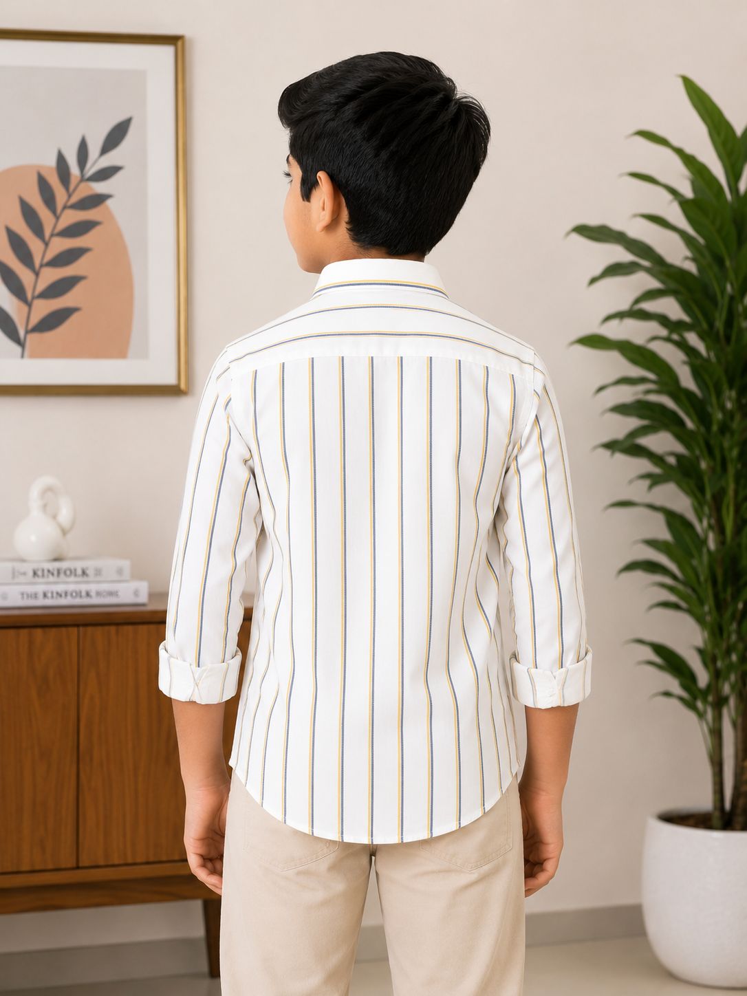 Boys Striped Long Sleeve Button Down Shirt (White, Yellow, and Blue)