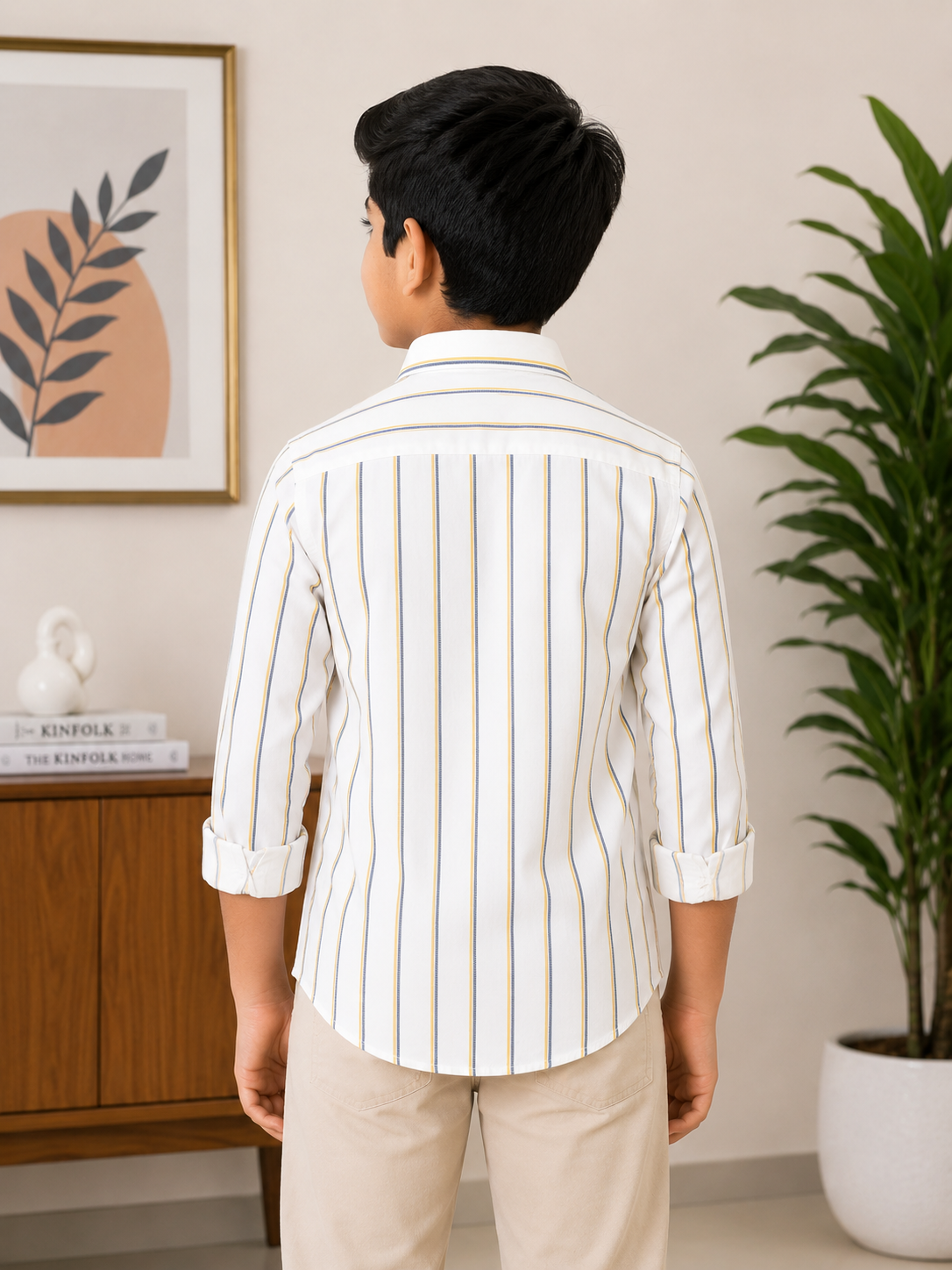 Boys Striped Long Sleeve Button Down Shirt (White, Yellow, and Blue)