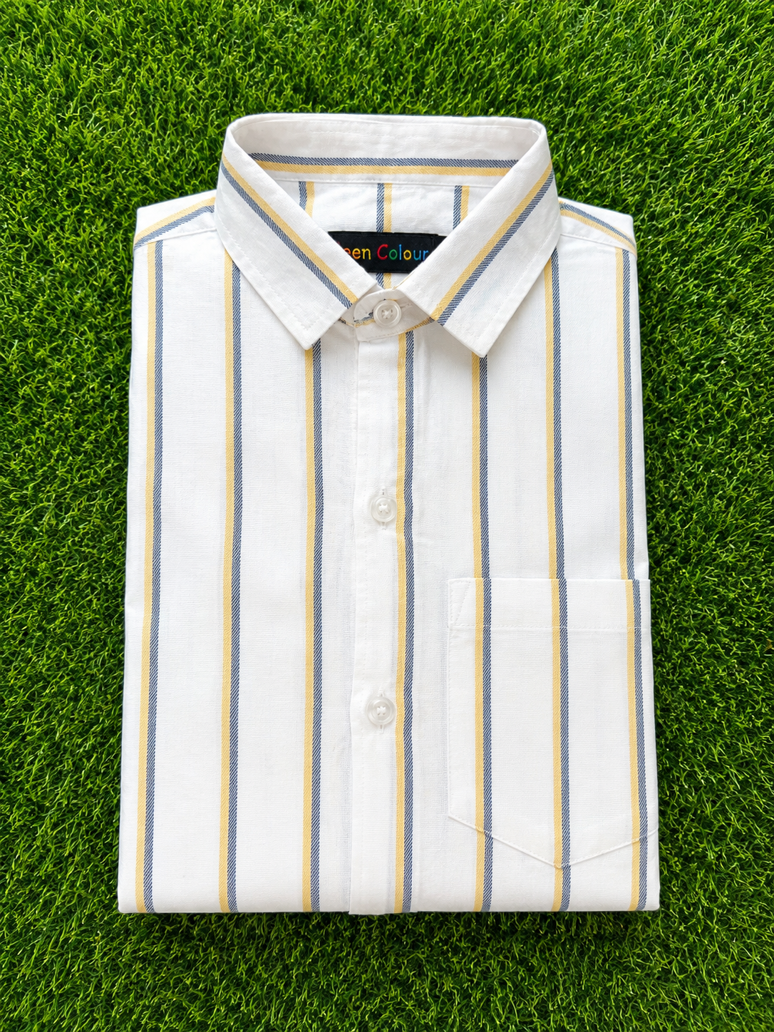Boys Striped Long Sleeve Button Down Shirt (White, Yellow, and Blue)