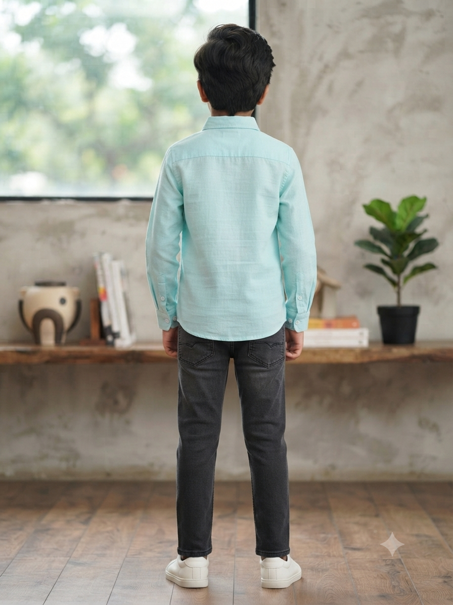 Boys Solid Long Sleeve Button Down Shirt (Light Teal Blue)