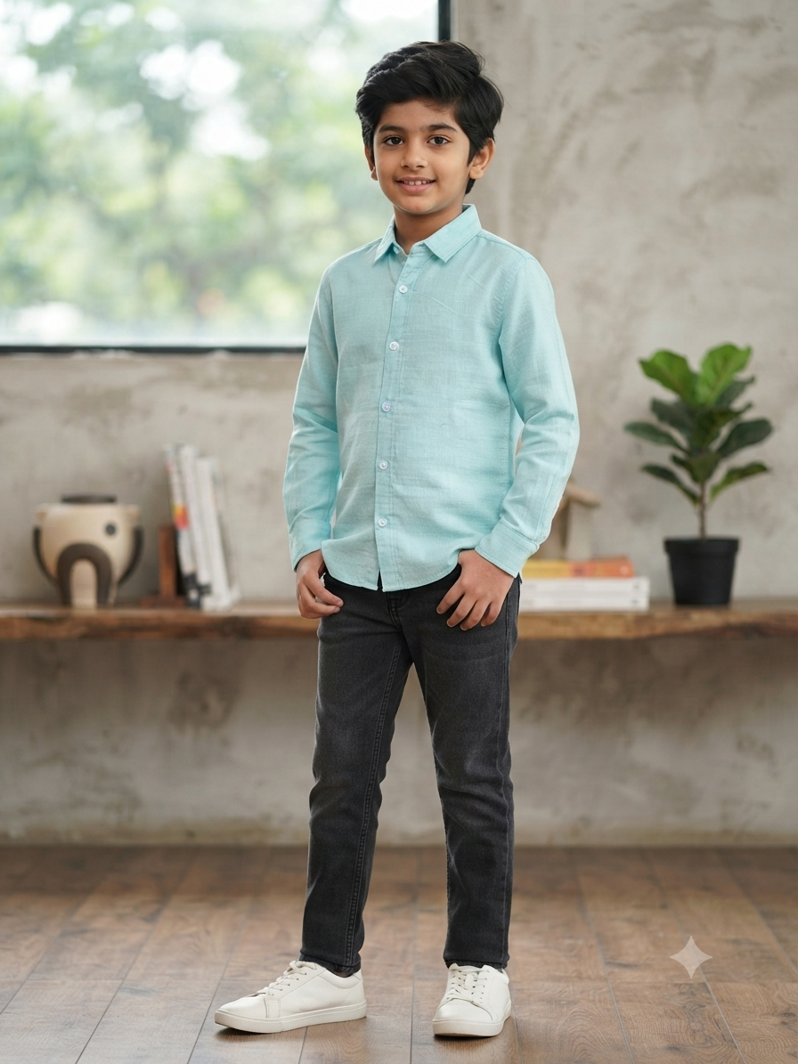 Boys Solid Long Sleeve Button Down Shirt (Light Teal Blue)
