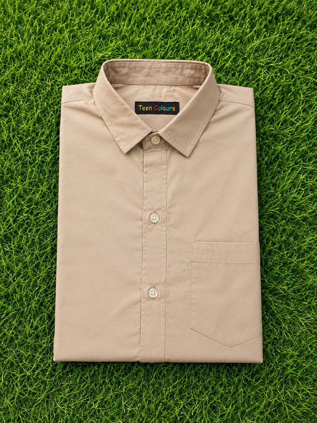 Boys Solid Long Sleeve Button Down Shirt (Beige)