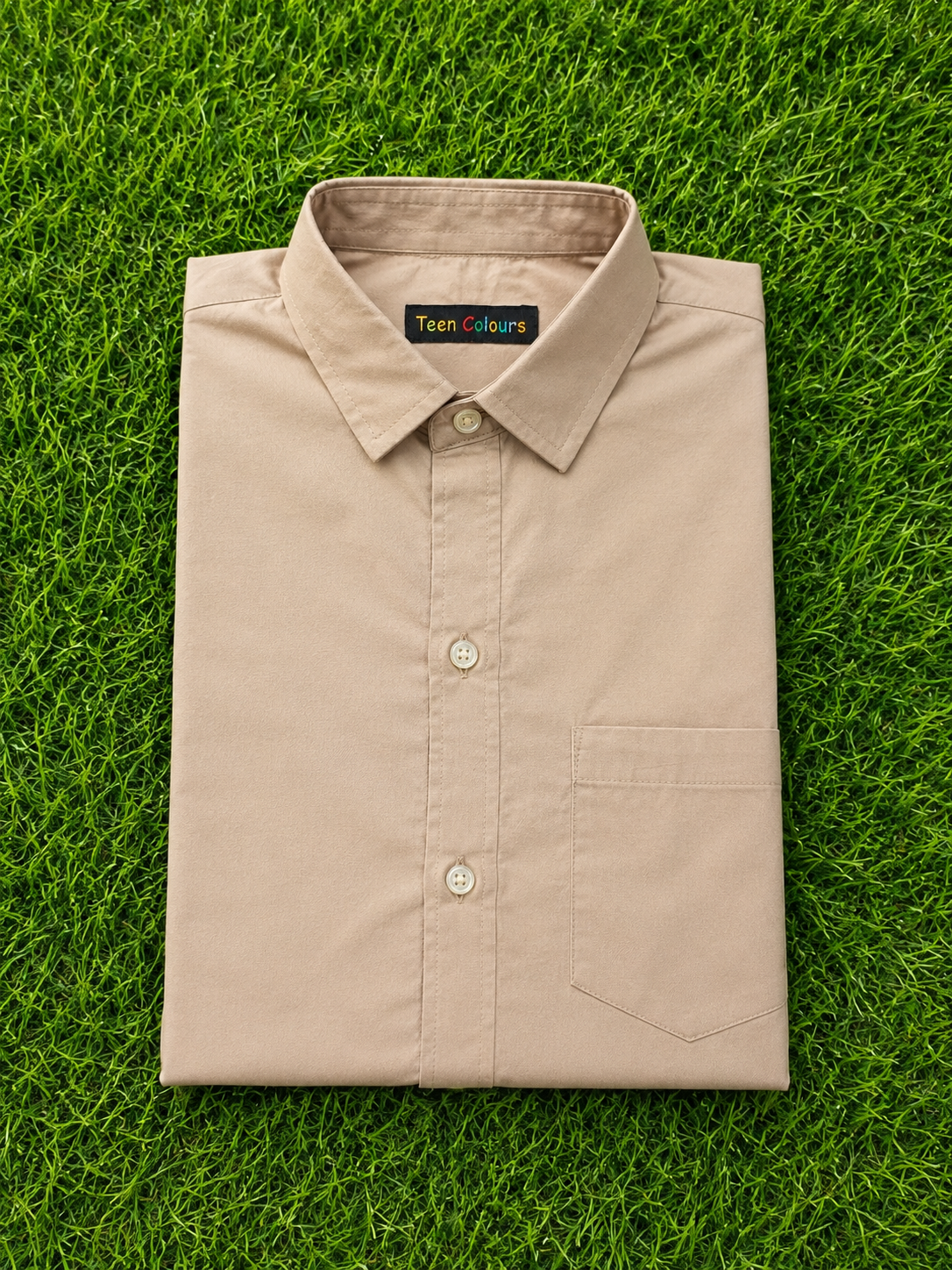 Boys Solid Long Sleeve Button Down Shirt (Beige)