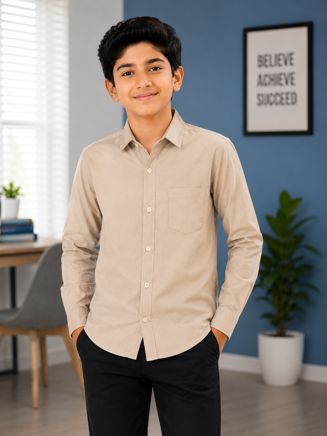 Boys Solid Long Sleeve Button Down Shirt (Beige)