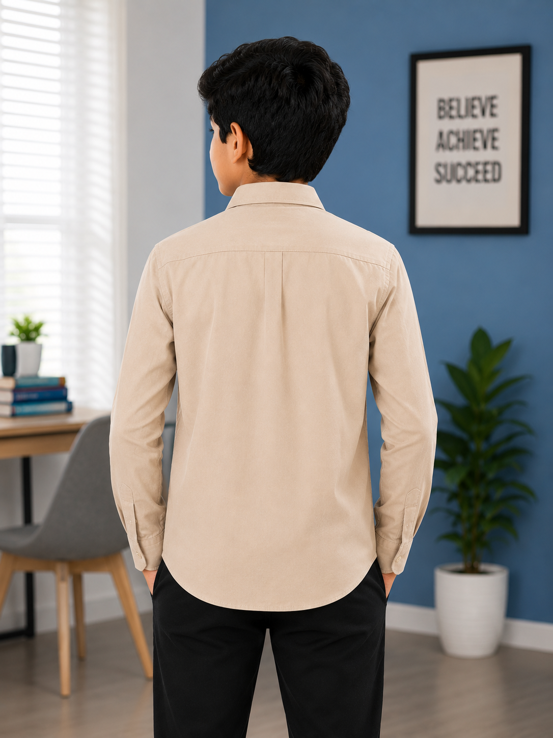 Boys Solid Long Sleeve Button Down Shirt (Beige)