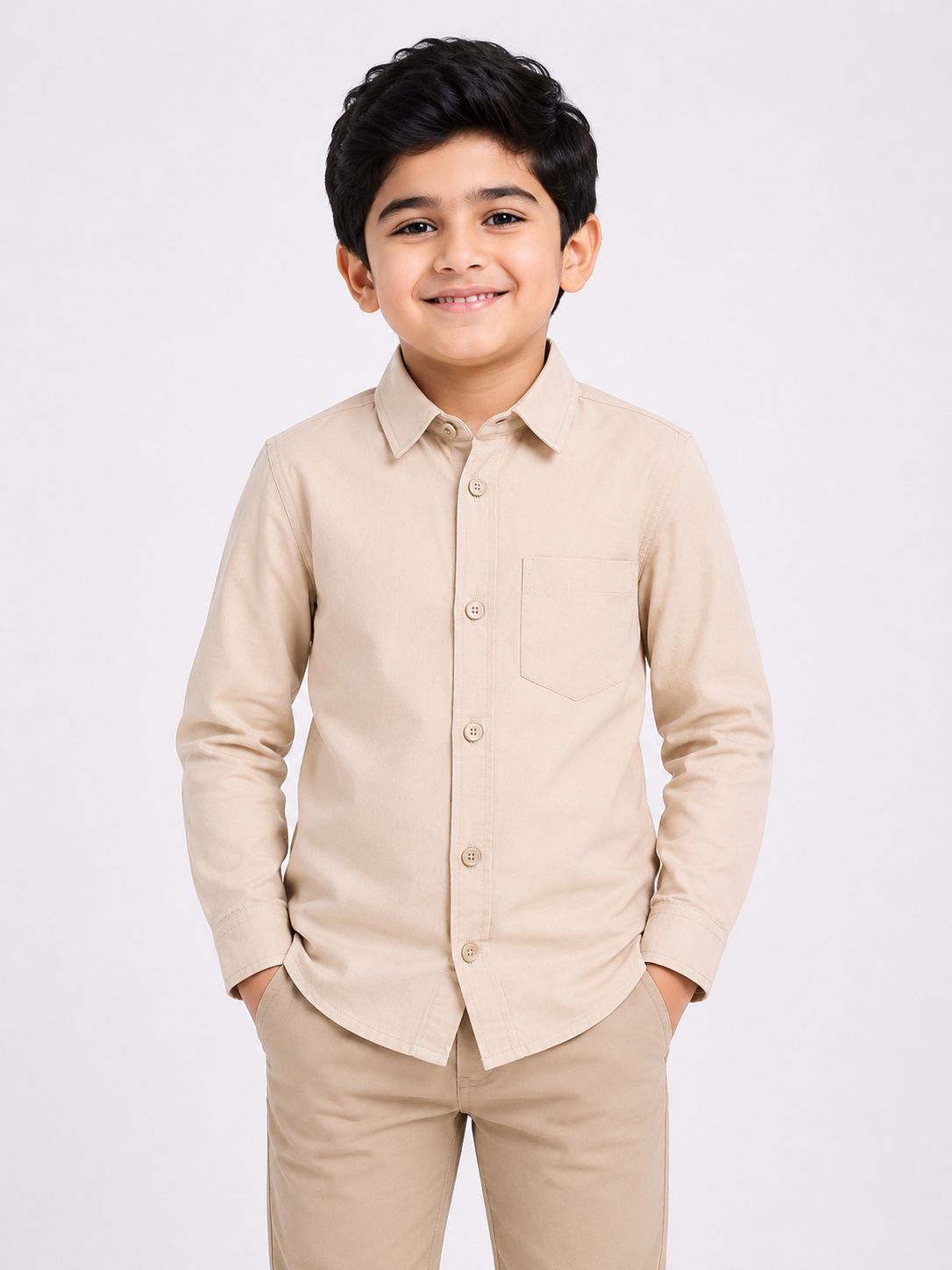 Boys Light Beige Regular Fit Casual Cotton Shirt