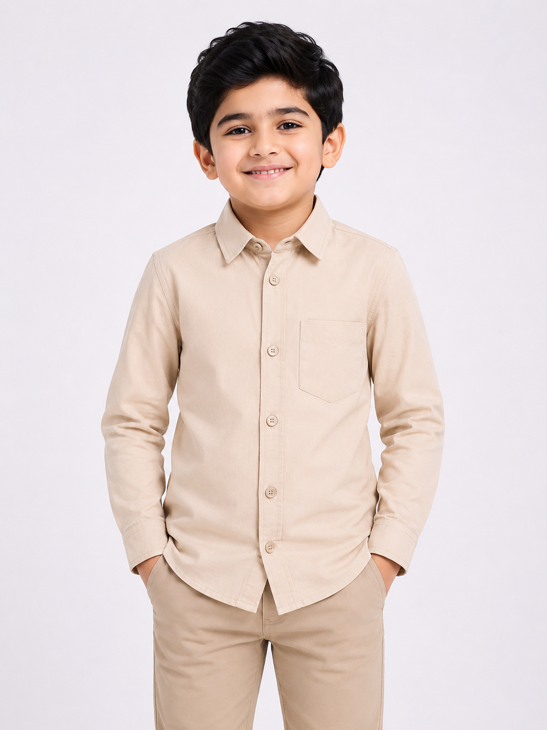 Boys Light Beige Regular Fit Casual Cotton Shirt