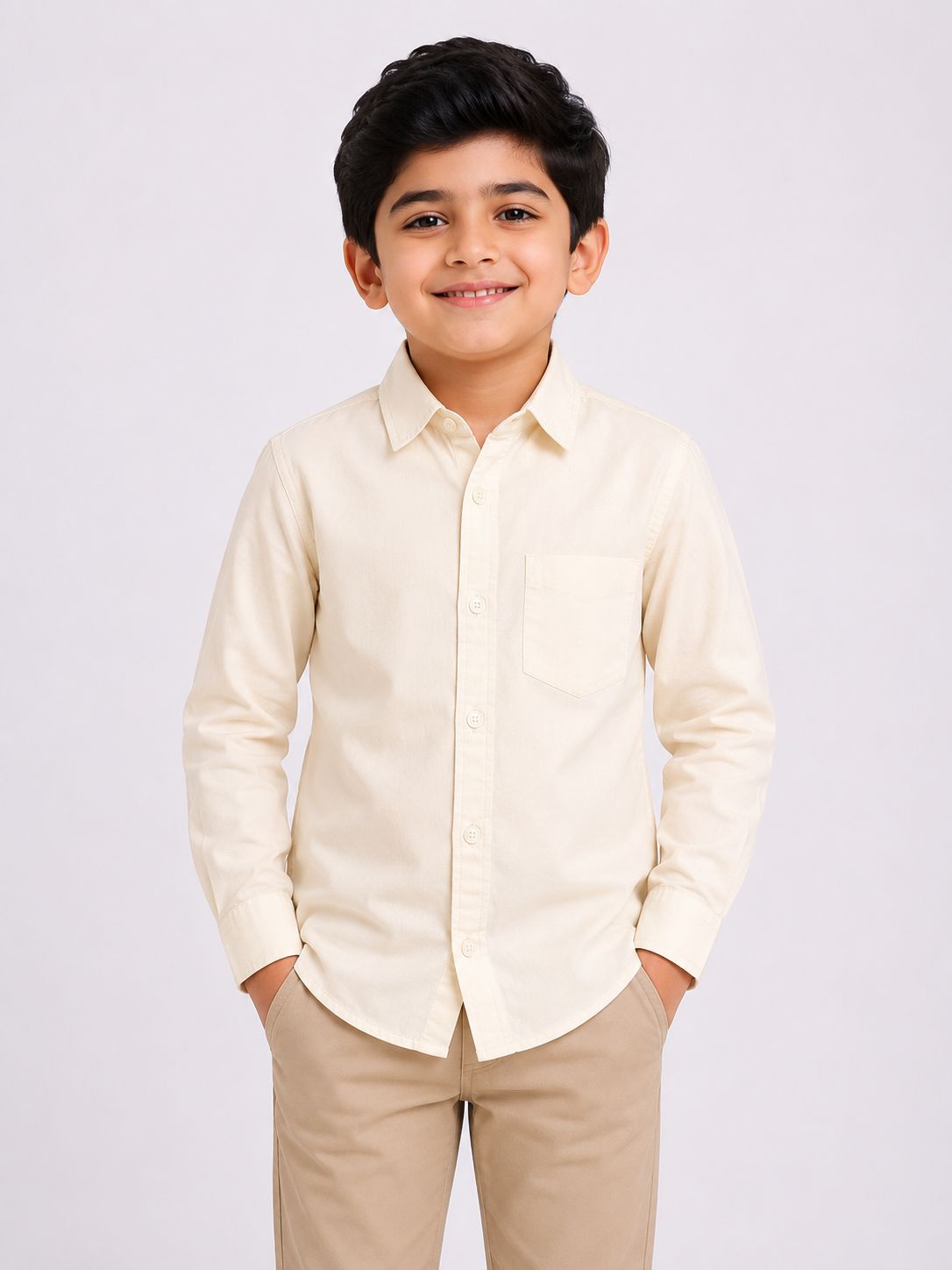 Boys' Solid Cream Long Sleeve Button Down Shirt
