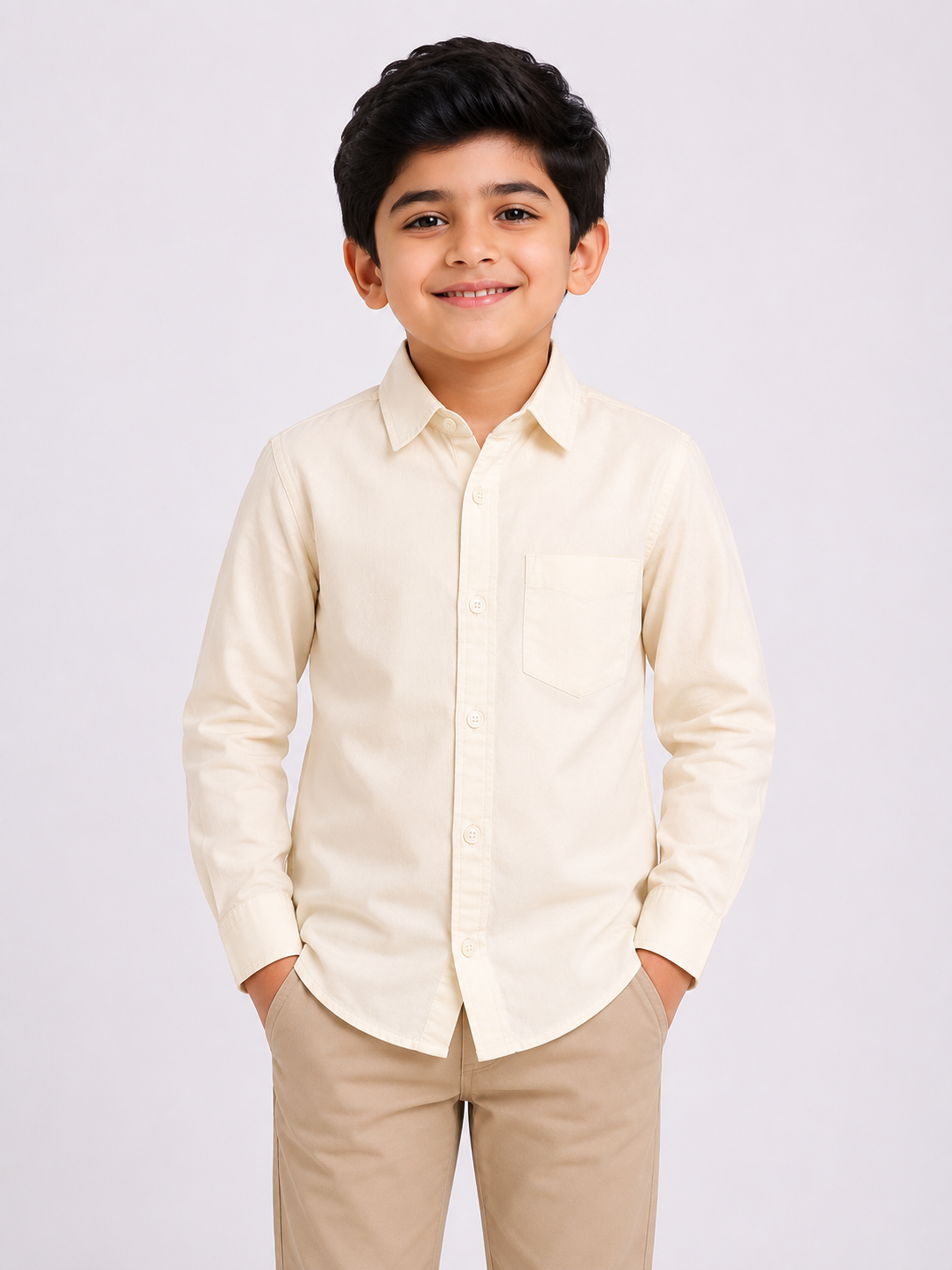 Boys' Solid Cream Long Sleeve Button Down Shirt