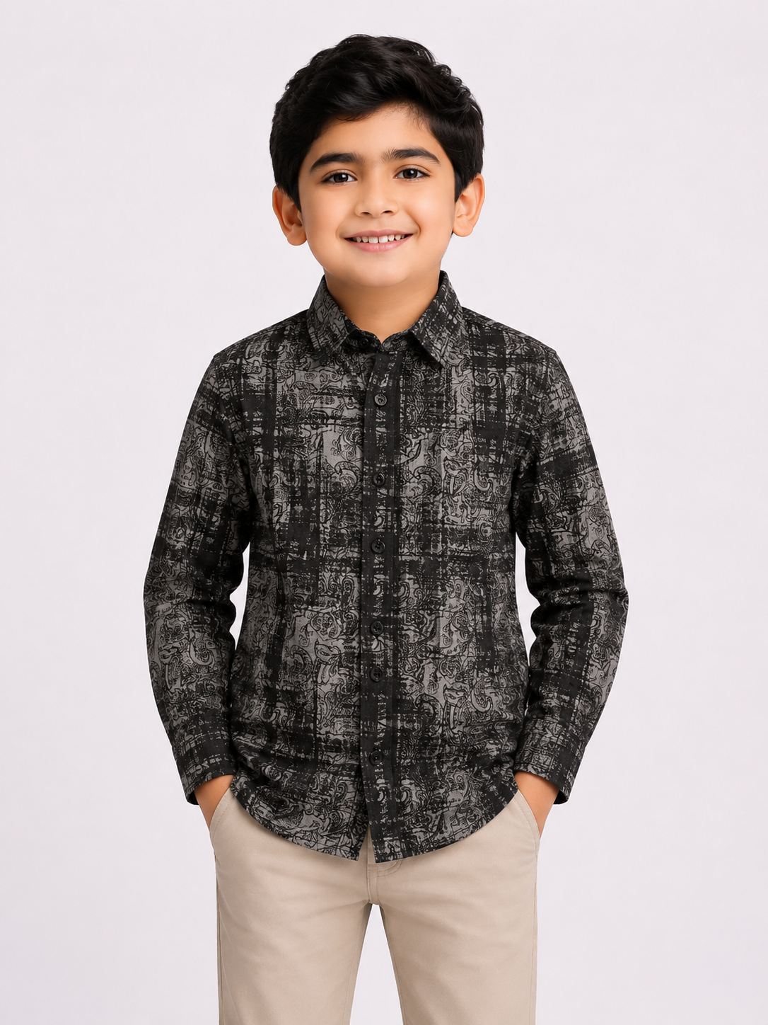 Boys Black & Grey Abstract Print Casual Cotton Shirt | Full Sleeves | Regular Fit