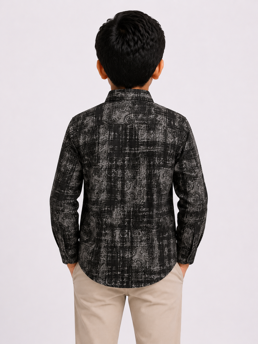 Boys Black & Grey Abstract Print Casual Cotton Shirt | Full Sleeves | Regular Fit
