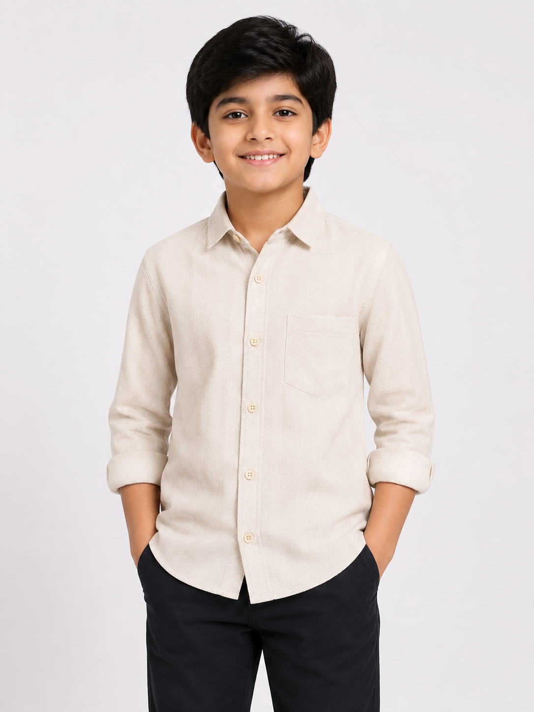 Boys Off White Regular Fit Full Sleeve Cotton Shirt