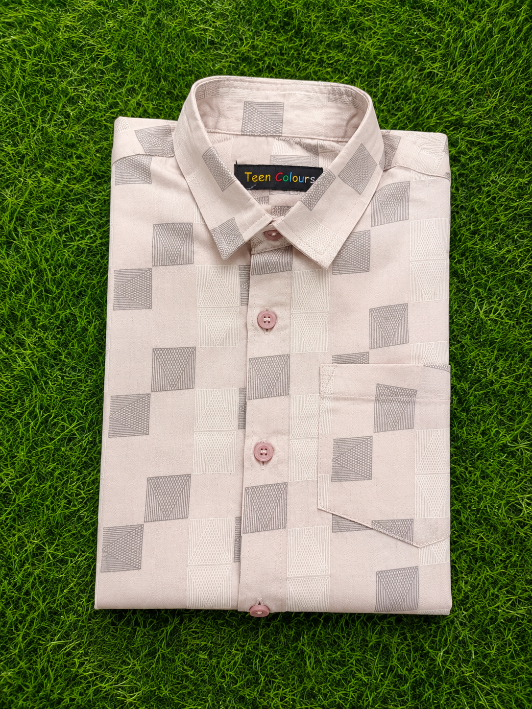 Boys Beige Designer Geometric Pattern Shirt