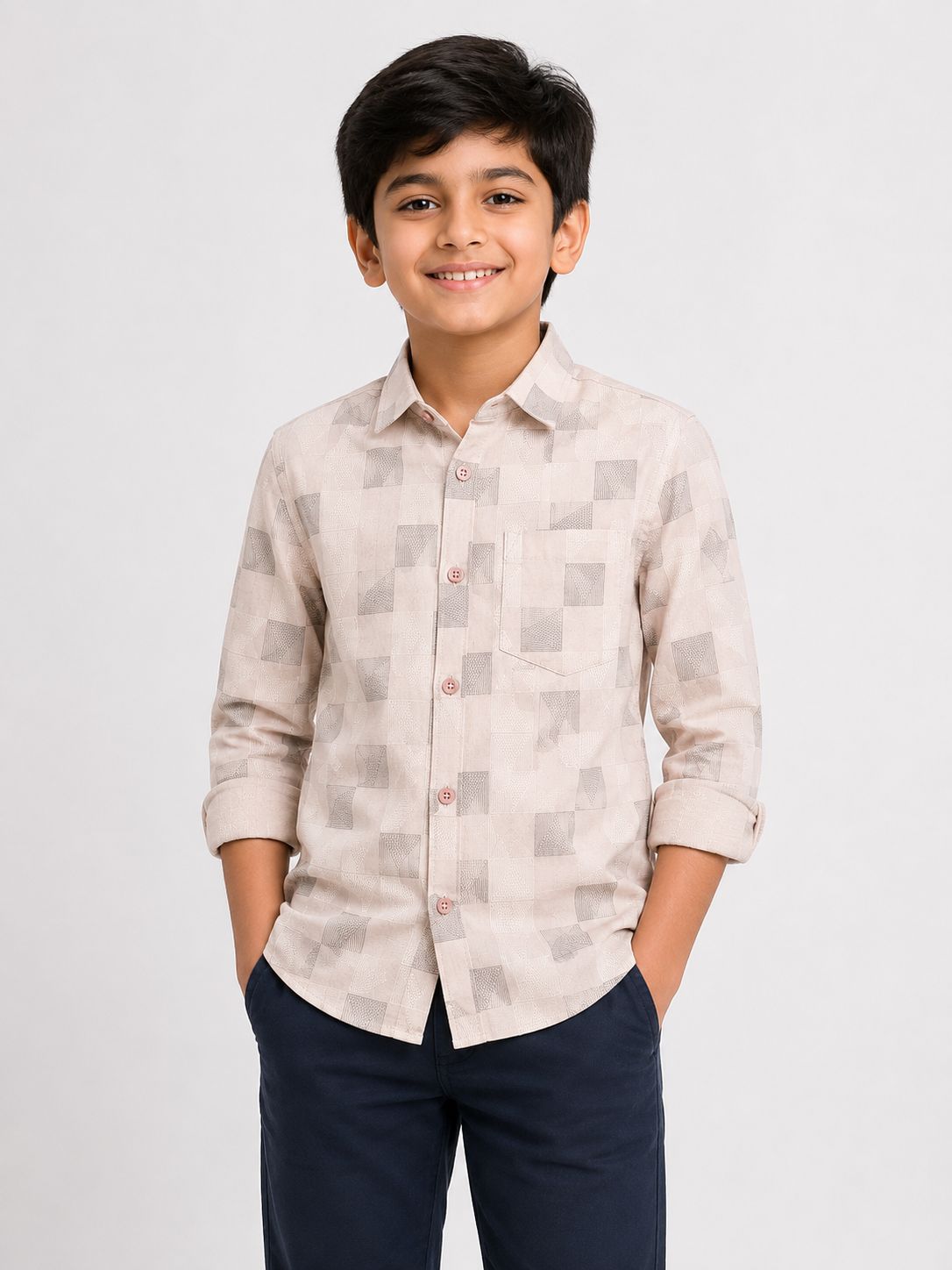 Boys Beige Designer Geometric Pattern Shirt