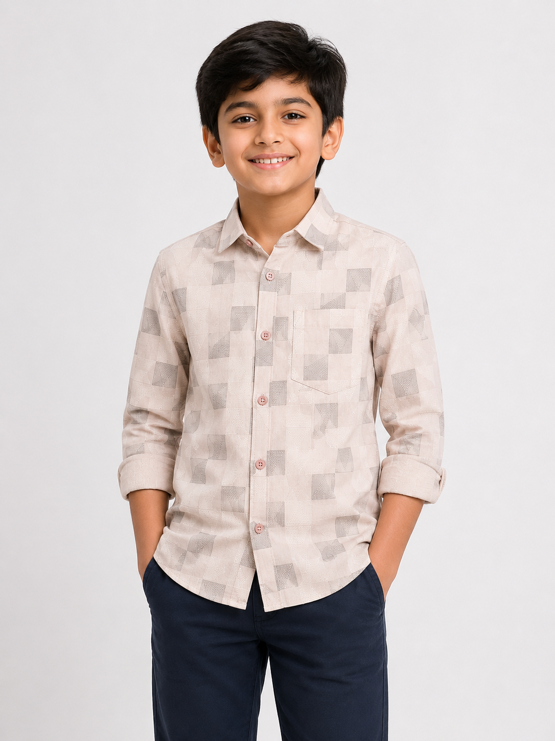 Boys Beige Designer Geometric Pattern Shirt