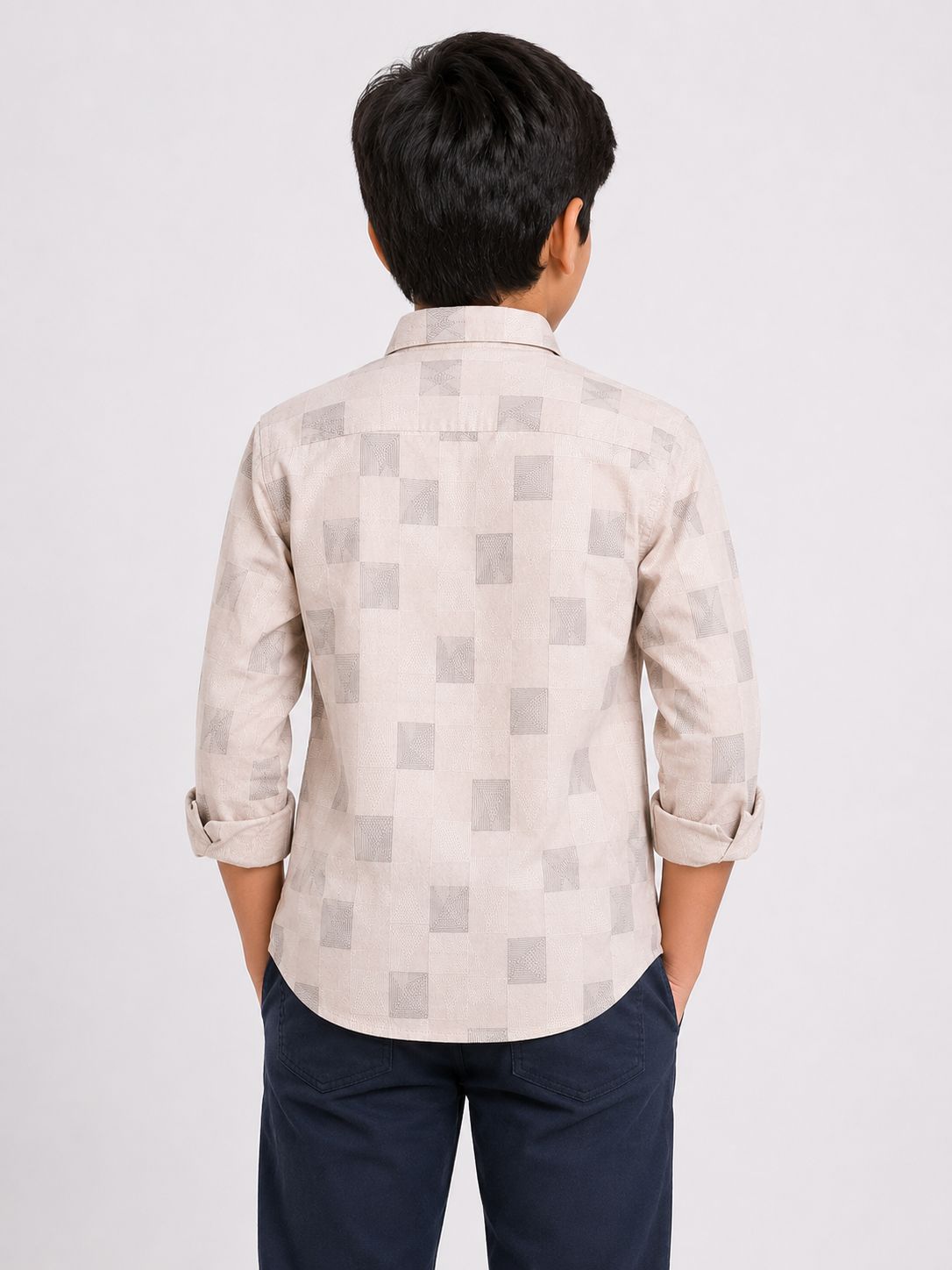 Boys Beige Designer Geometric Pattern Shirt
