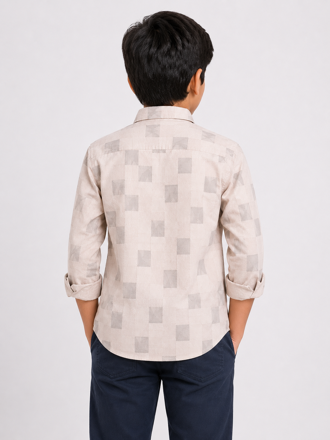 Boys Beige Designer Geometric Pattern Shirt