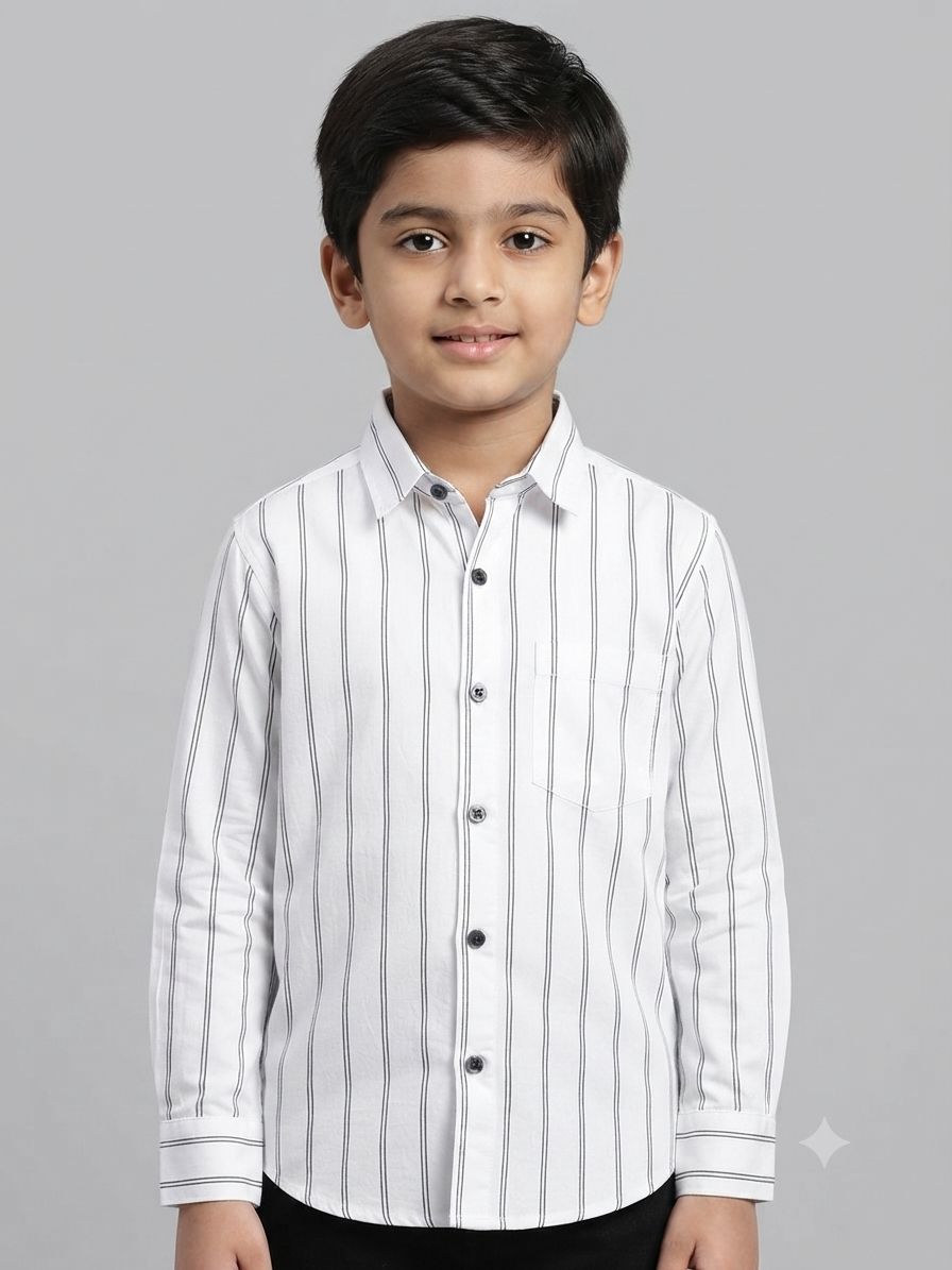 Boys' White and Black Striped Long Sleeve Button Down Shirt