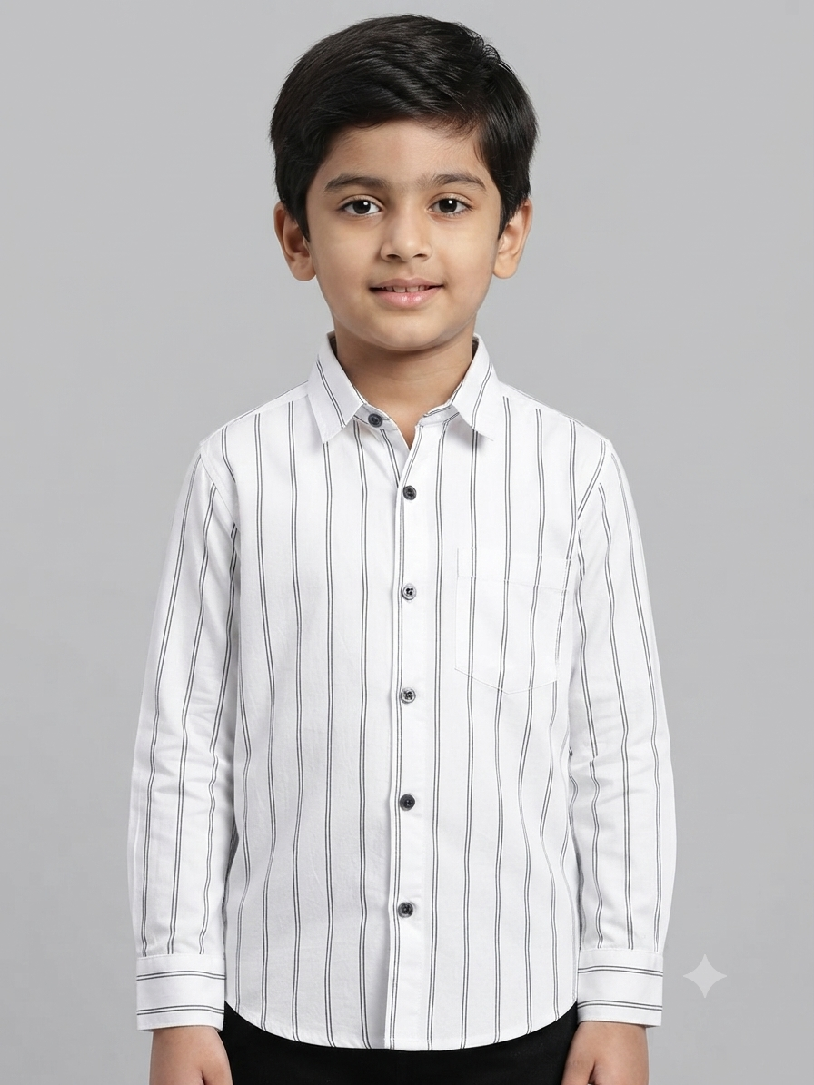 Boys' White and Black Striped Long Sleeve Button Down Shirt