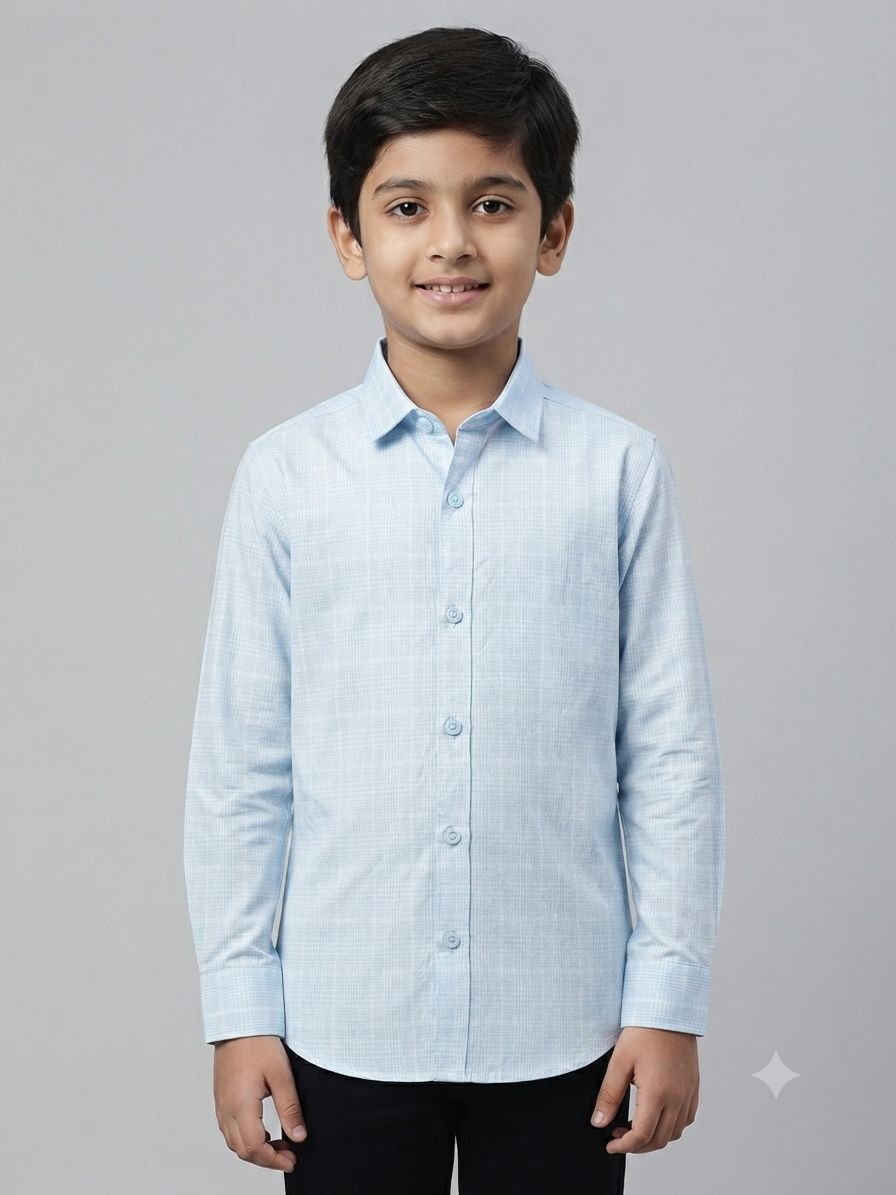 Boys' Long Sleeve Button Down Shirt in Light Blue Check – Comfortable Casual Wear