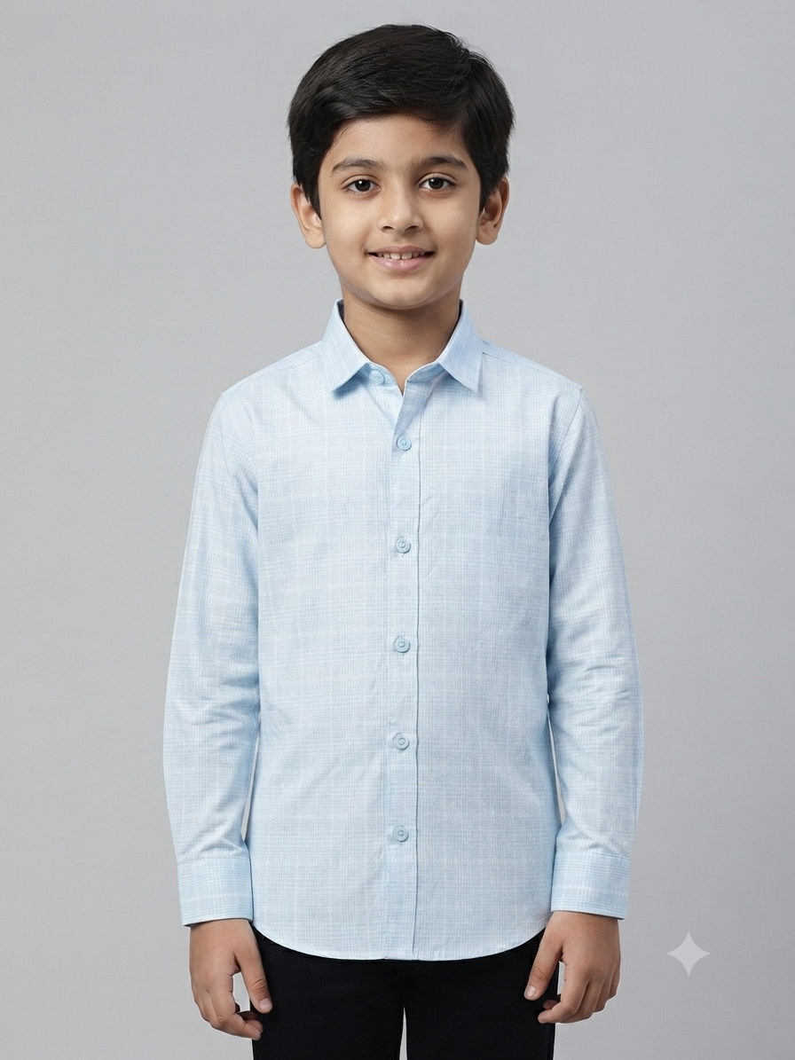 Boys' Long Sleeve Button Down Shirt in Light Blue Check – Comfortable Casual Wear