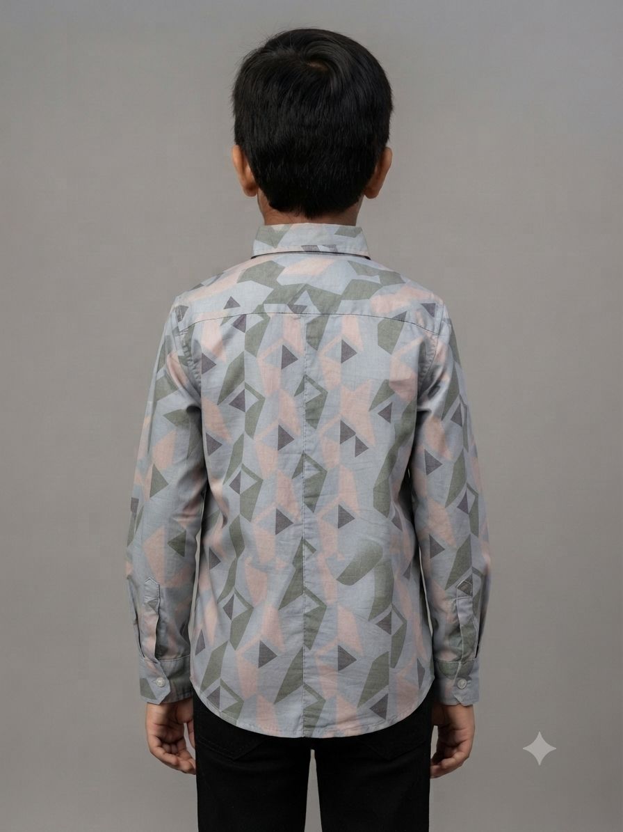 Boys' Blue, Grey, and Peach Geometric Print Long Sleeve Button Down