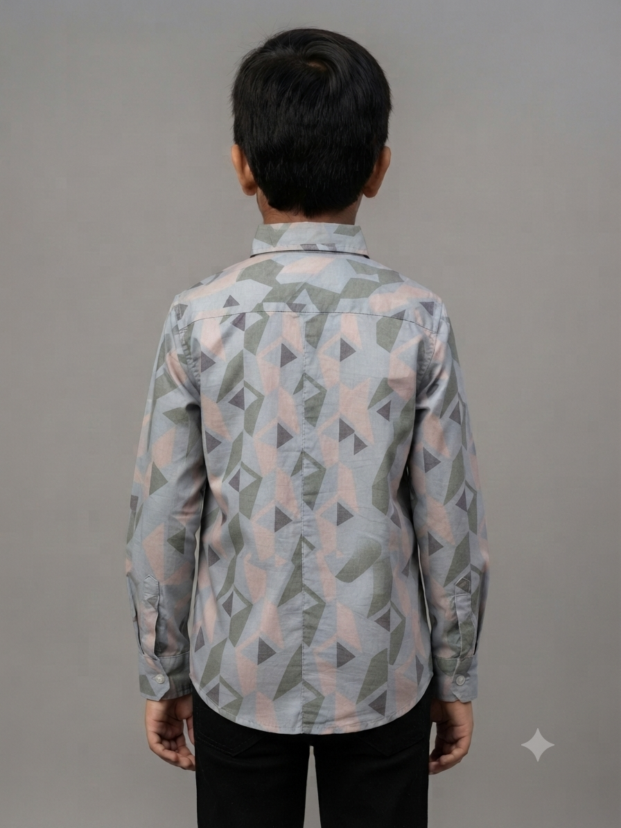 Boys' Blue, Grey, and Peach Geometric Print Long Sleeve Button Down