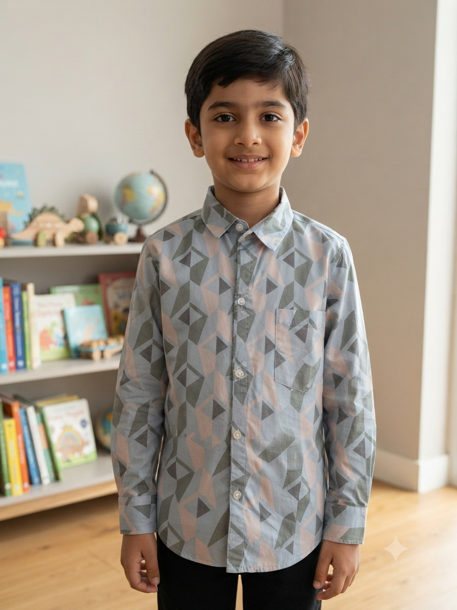 Boys' Blue, Grey, and Peach Geometric Print Long Sleeve Button Down