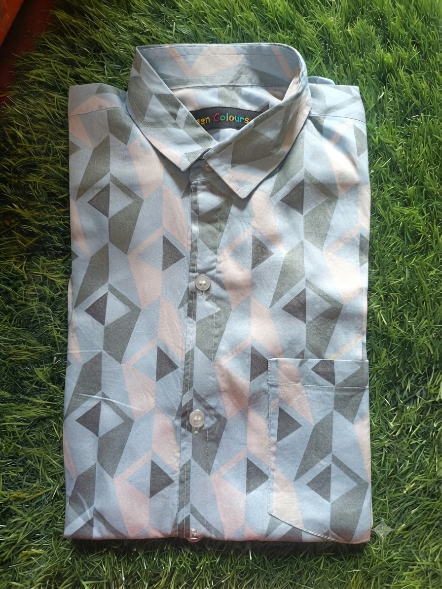 Boys' Blue, Grey, and Peach Geometric Print Long Sleeve Button Down