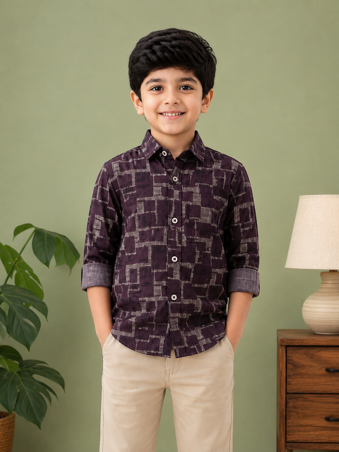 Boys' Dark Purple and Grey Geometric Print Long Sleeve Button Down Shirt