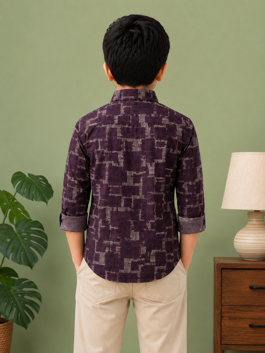 Boys' Dark Purple and Grey Geometric Print Long Sleeve Button Down Shirt