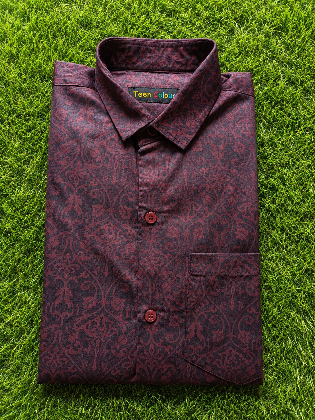 Boys' Burgundy Floral Print Long Sleeve Button Down Shirt