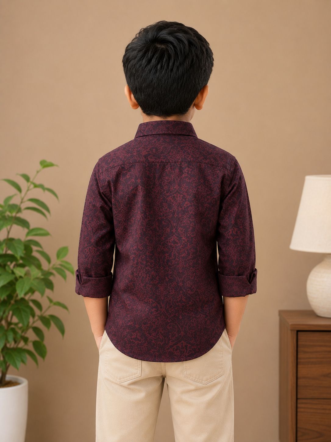 Boys' Burgundy Floral Print Long Sleeve Button Down Shirt