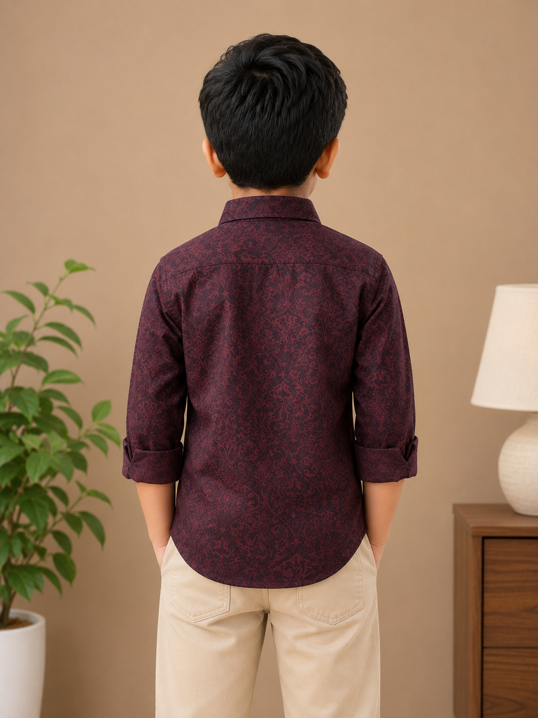 Boys' Burgundy Floral Print Long Sleeve Button Down Shirt