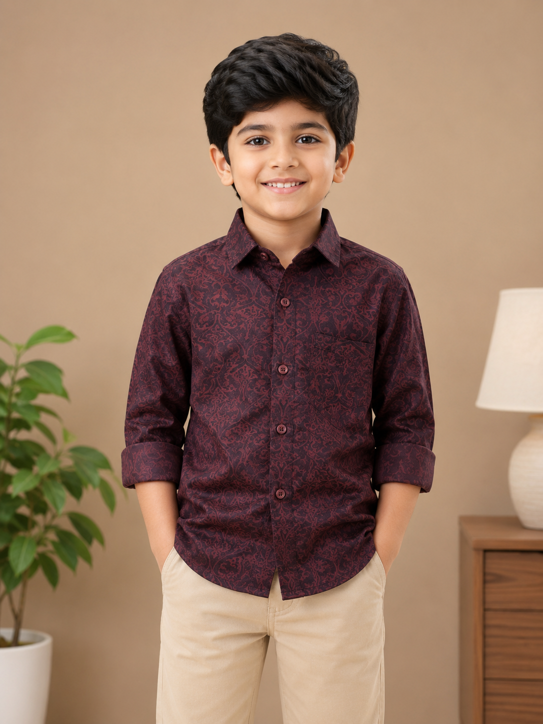 Boys' Burgundy Floral Print Long Sleeve Button Down Shirt