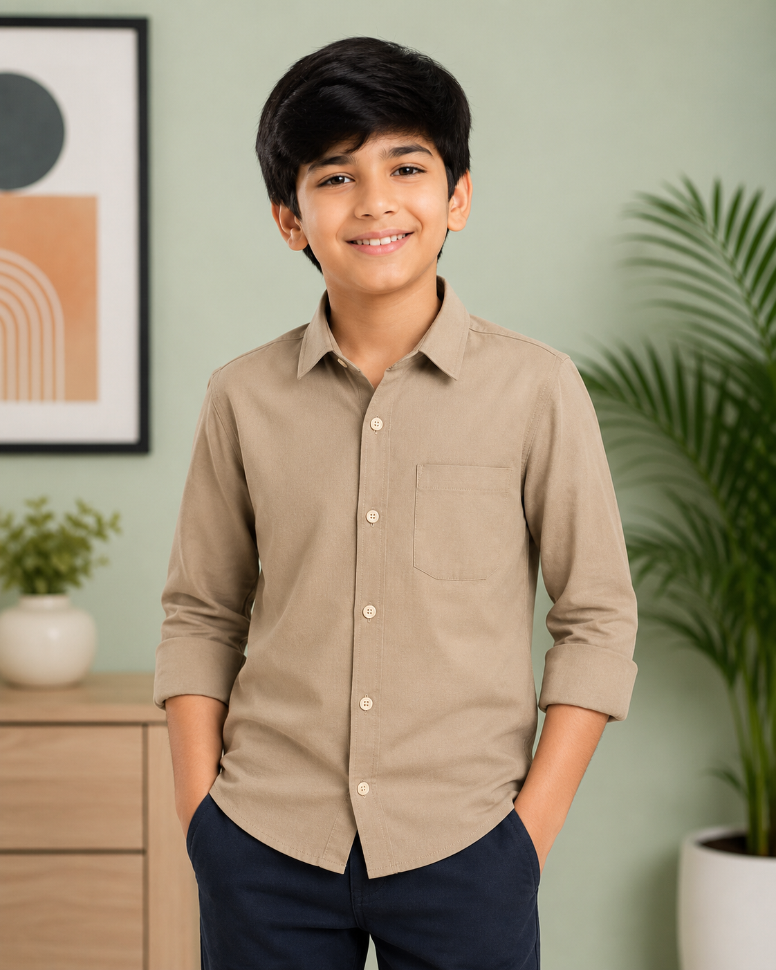 Boys' Solid Khaki Long Sleeve Button Down Shirt