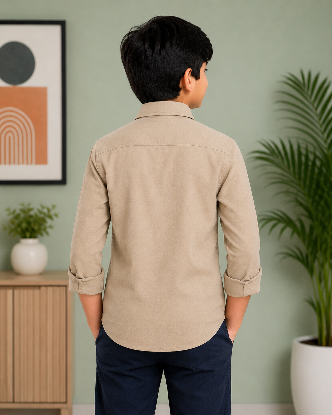 Boys' Solid Khaki Long Sleeve Button Down Shirt