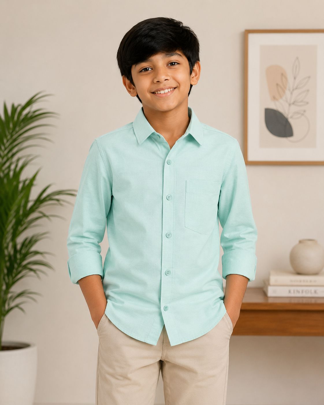 Boys Mint Green Regular Fit  Cotton Shirt