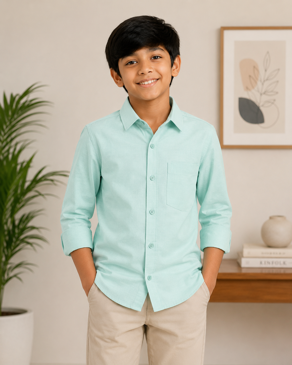 Boys Mint Green Regular Fit  Cotton Shirt