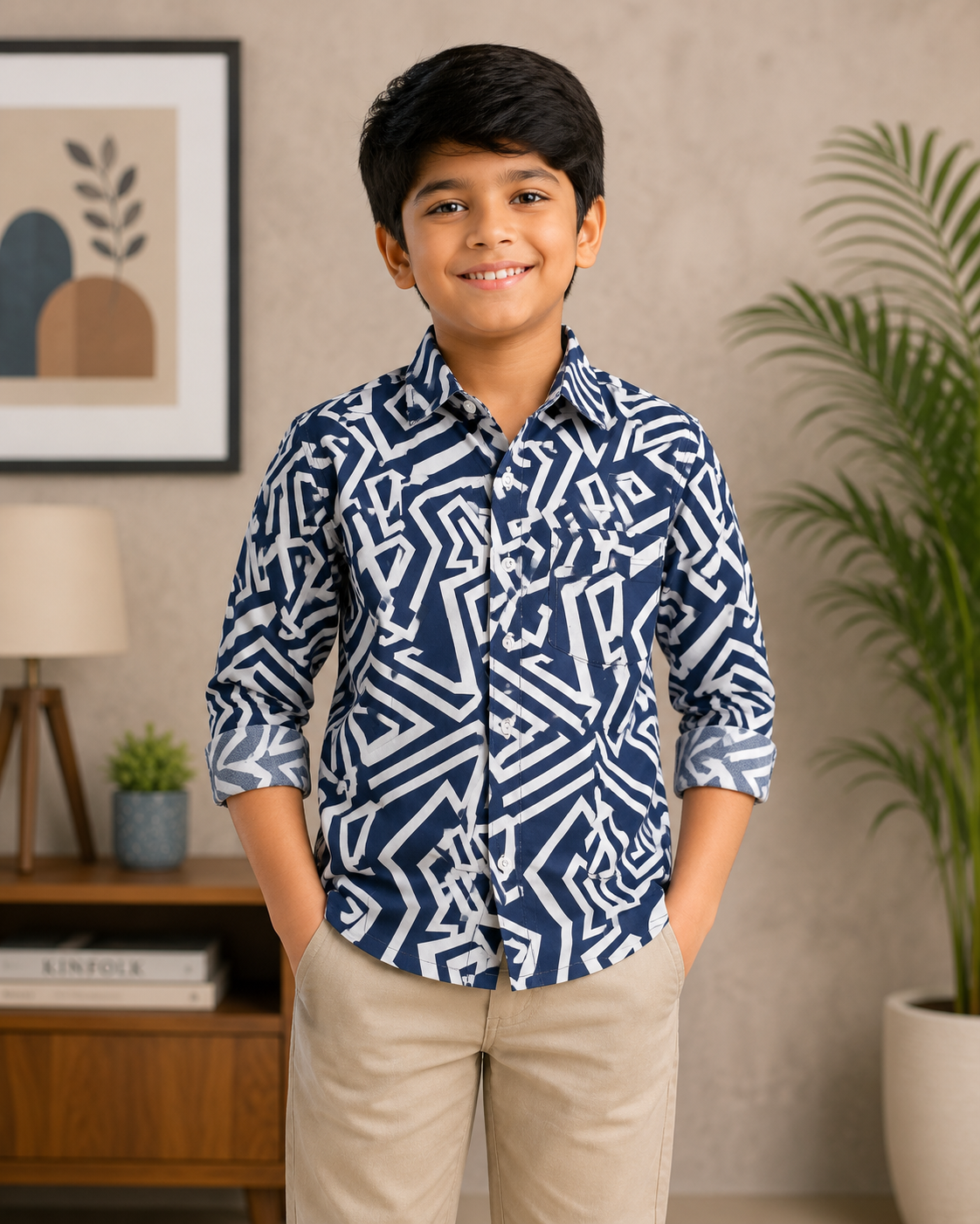 Boys Navy Blue Designer Geometric Pattern Casual Shirt