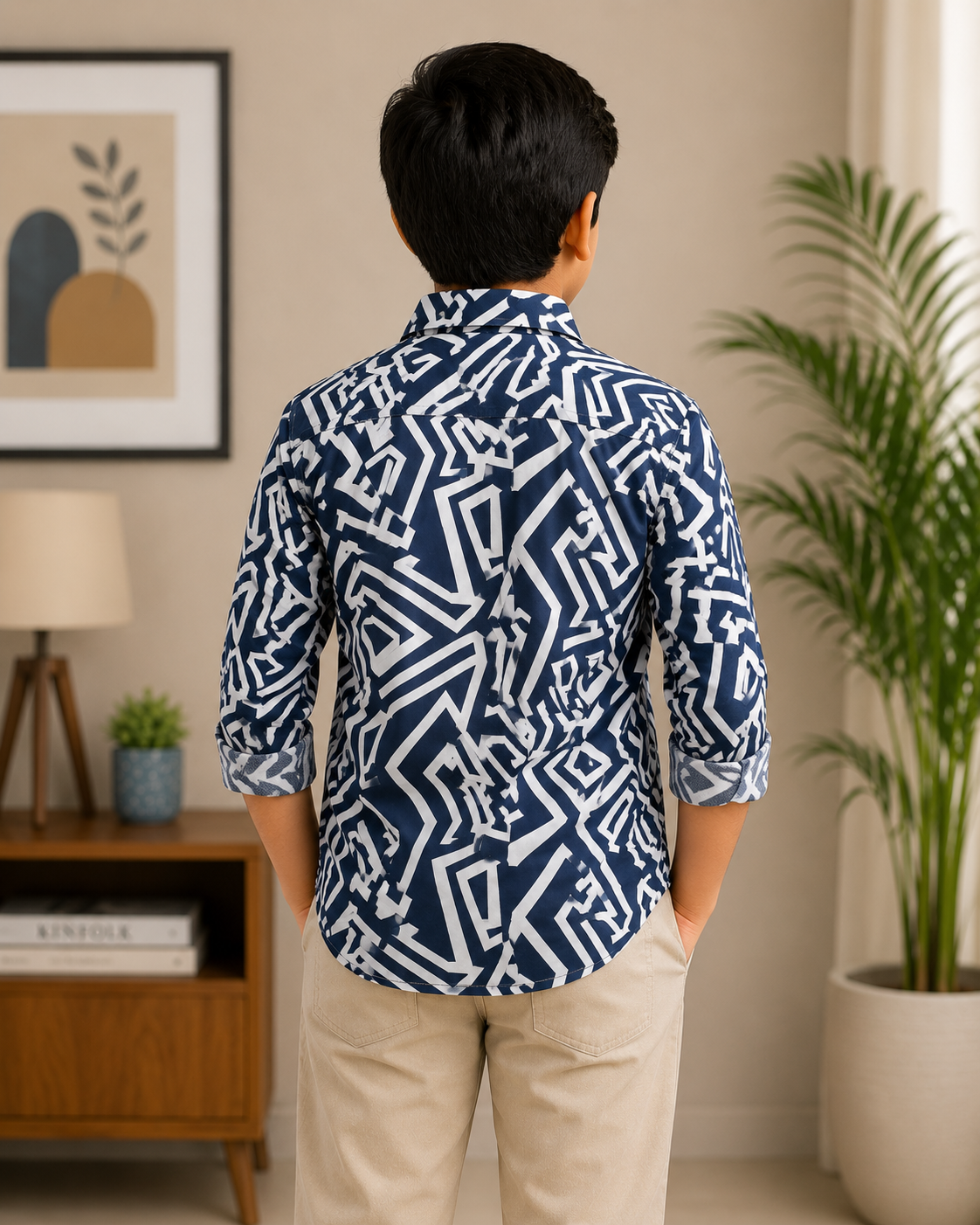 Boys Navy Blue Designer Geometric Pattern Casual Shirt