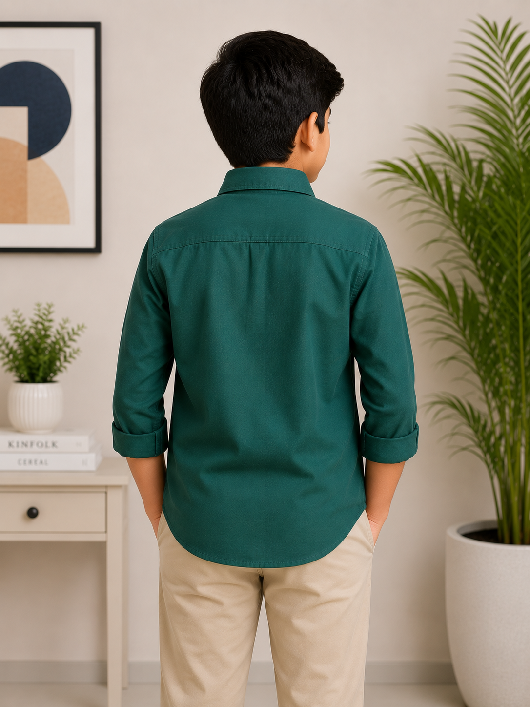 Boys Bottle Green Regular Fit Casual Cotton Shirt