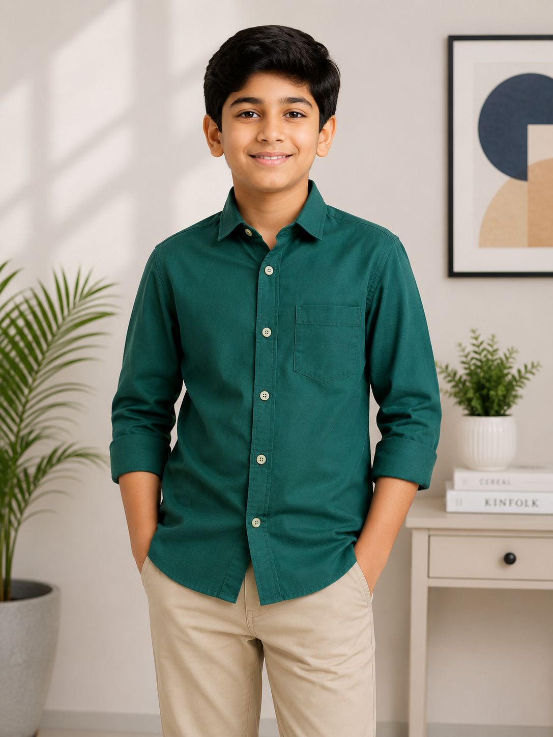 Boys Bottle Green Regular Fit Casual Cotton Shirt