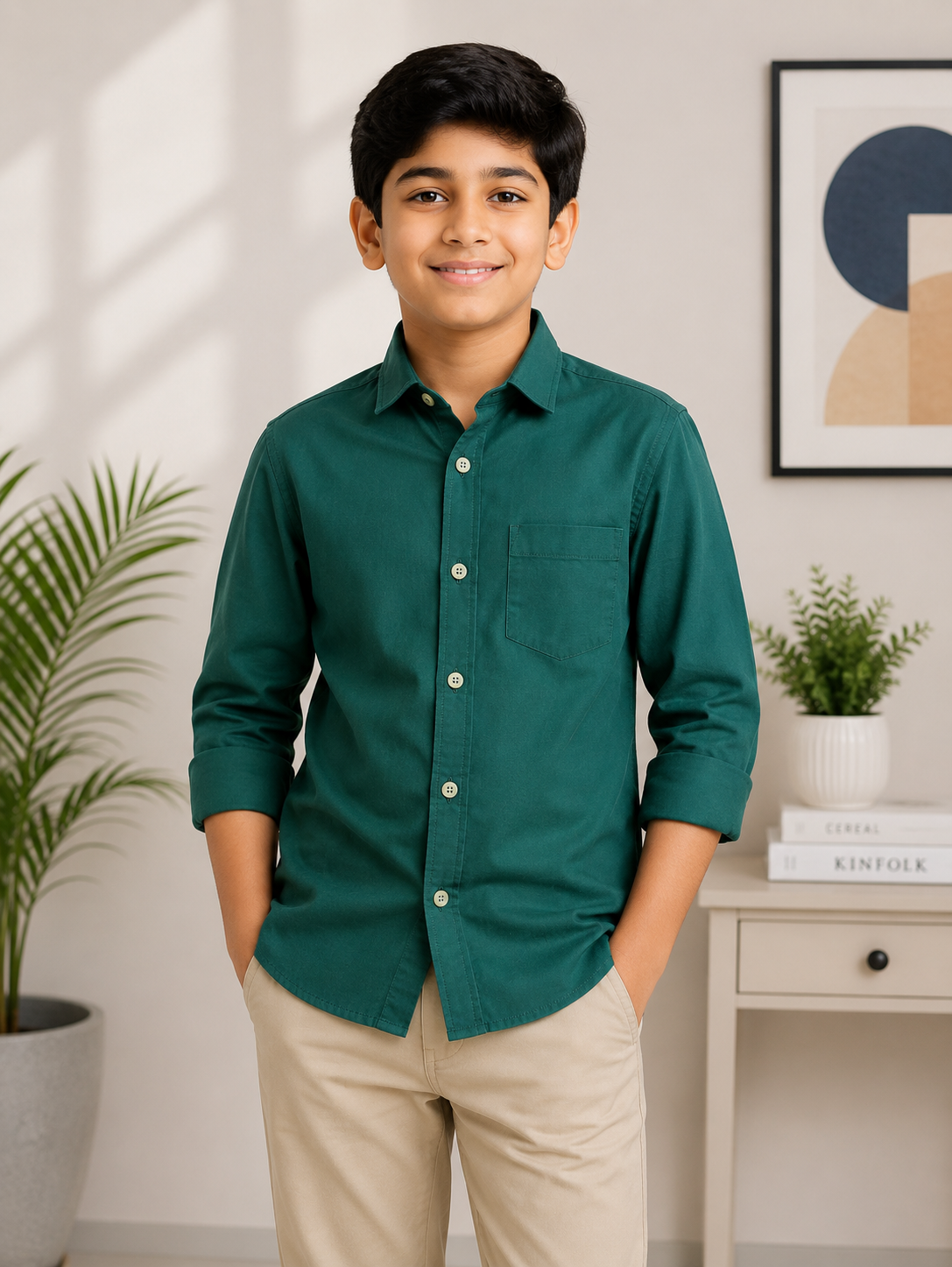 Boys Bottle Green Regular Fit Casual Cotton Shirt