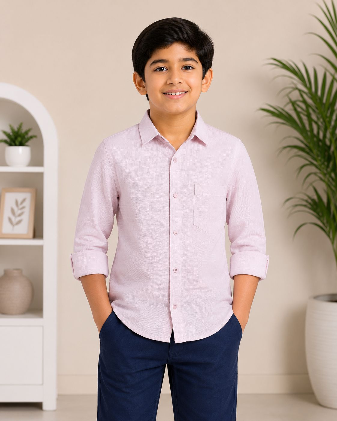 Boys Textured Long Sleeve Button Down Shirt (Light Pink)
