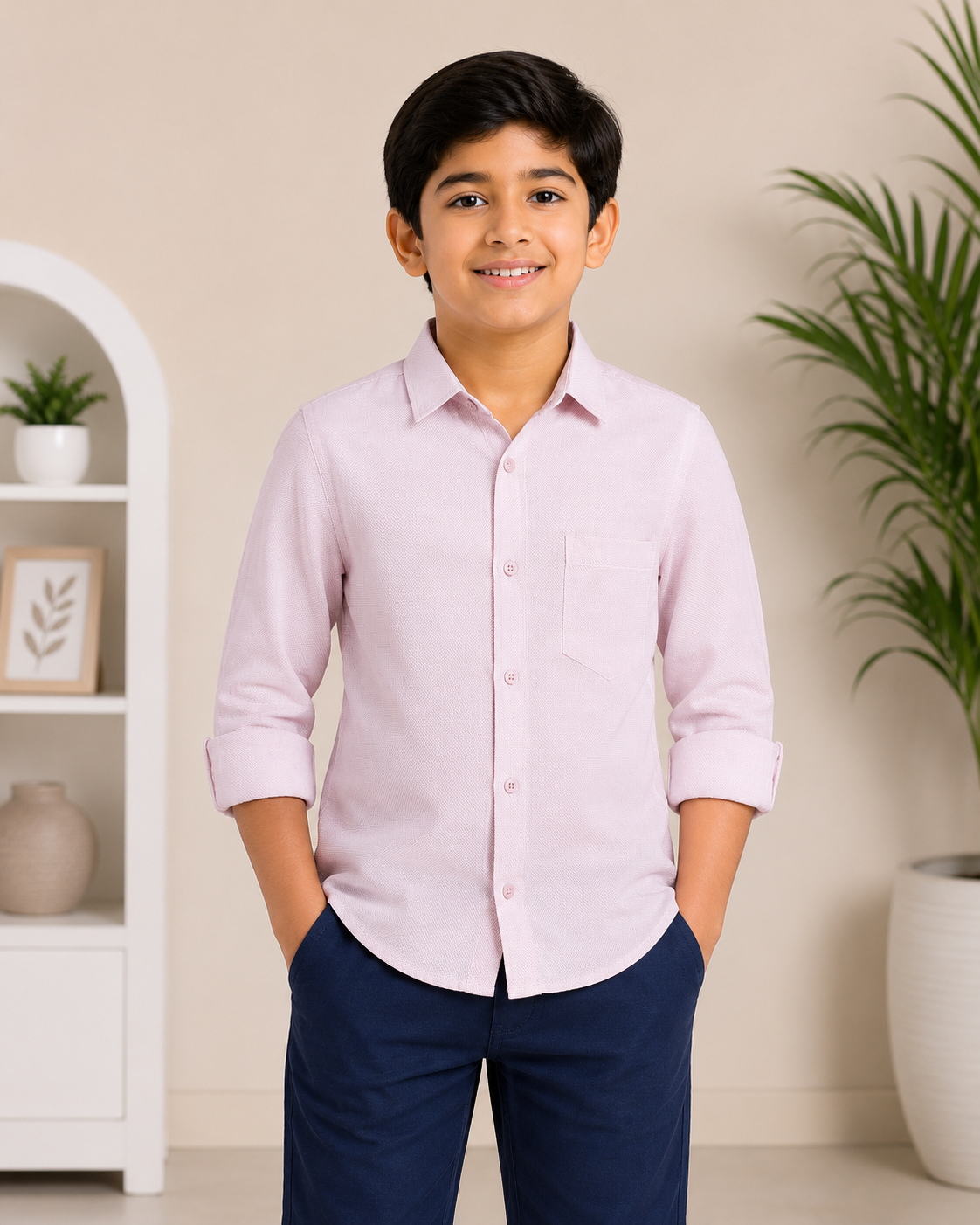 Boys Textured Long Sleeve Button Down Shirt (Light Pink)