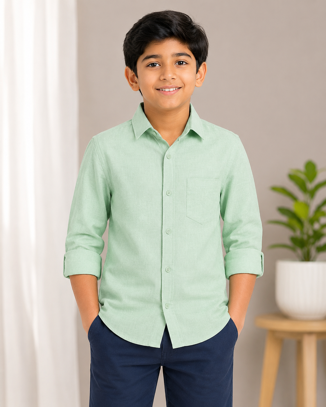 Boys Mint Green Regular Fit Casual Cotton Shirt